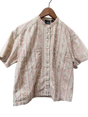 Vintage cottagecore Light Pink Floral Stripe Short Sleeve